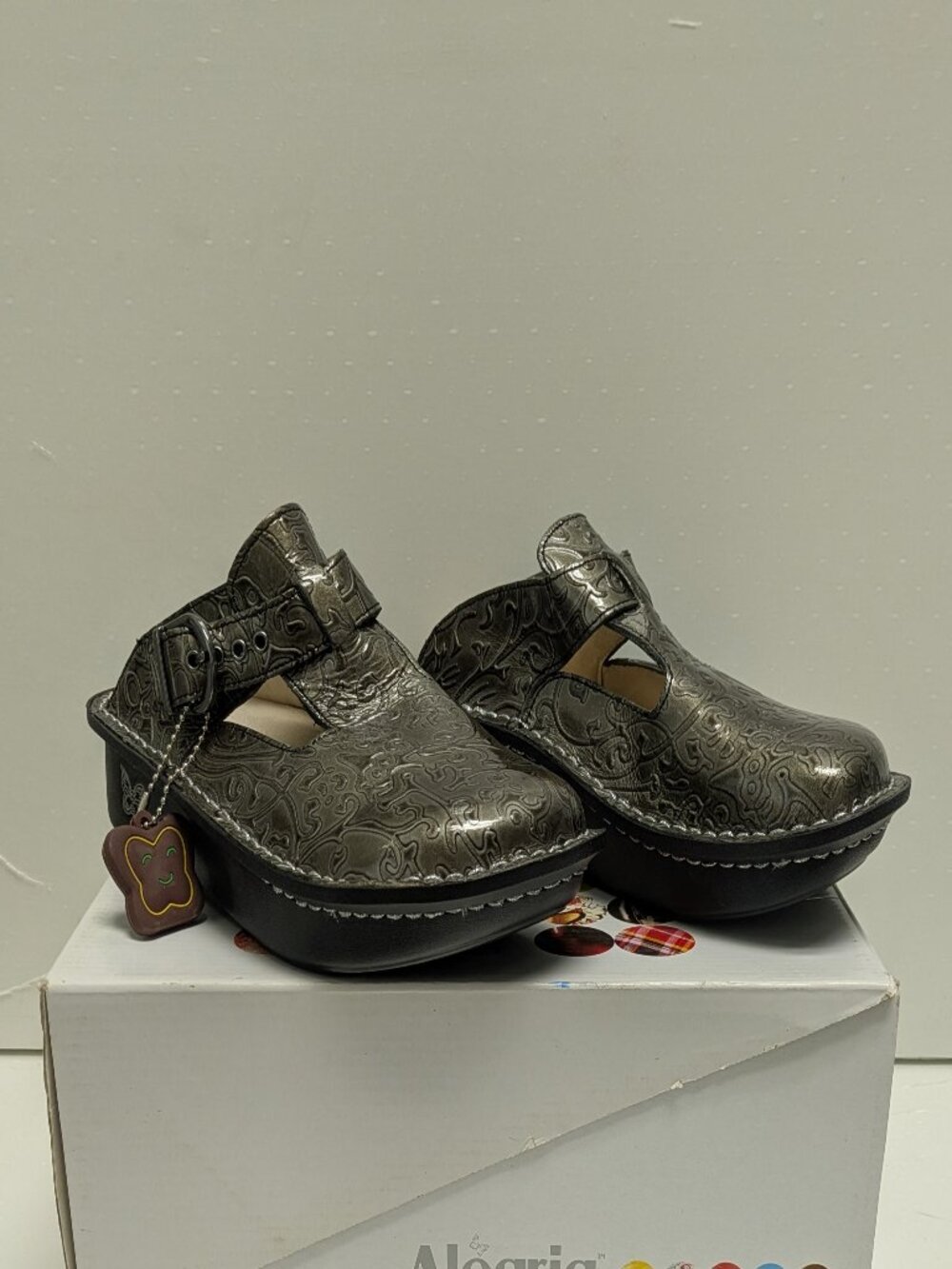 Alegria Pewter Embossed Patent Leather Slip On Clogs